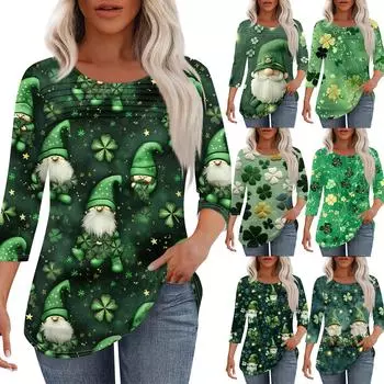 Женский стильный воротничок со складками спереди. Топ с рукавами 3/4 и принтом ко Дню Святого Патрика S зелёный