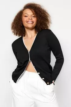Женский стиль плюс размер черный золотой пуговицы в полоску вязаный кардиган