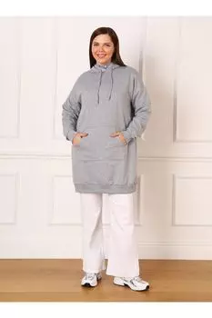 Женский стиль Толстовка большого размера Хлопковая толстовка больших размеров с капюшоном - Серый меланж -