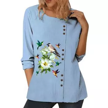 Женский струящийся синий топ с различными модными узорами, круглым вырезом и длинными рукавами S