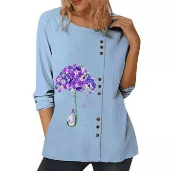 Женский струящийся синий топ с различными модными узорами, круглым вырезом и длинными рукавами S