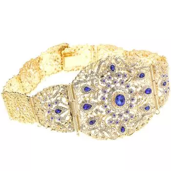 Женский свадебный пояс золотого цвета с цепочкой и поясом с кристаллами синий