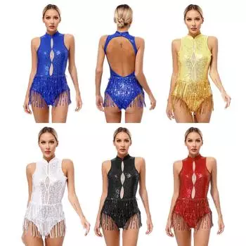 Женский сверкающий танцевальный костюм с блестками, кисточками, бахромой, вырезом-замочной скважиной, без рукавов, купальник для выступлений на сцене S золотой