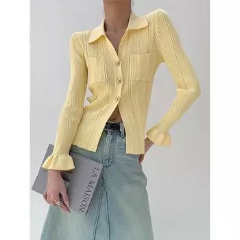 Женский светло-желтый вязаный кардиган Hongshan с воротником-поло и кружевными рукавами Large светло-желтого