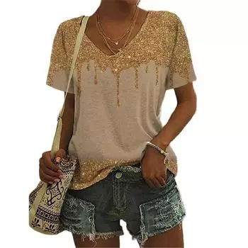 Женский свежий модный пуловер ярких цветов с 3D принтом, подходит для всех сезонов, повседневный, с короткими рукавами, из полиэстера, сексуальный v-образный вырез L