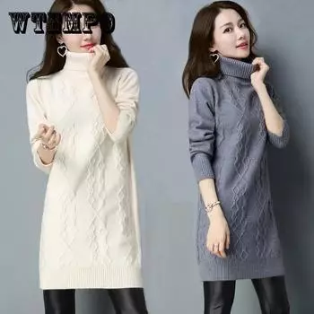 Женский свитер 2021, осенне-зимний новый свитер, женский пуловер, корейская водолазка, трикотаж, свободный трендовый свитер средней длины