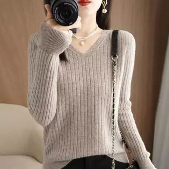 Женский свитер 2023, осенне-зимний теплый пуловер с v-образным вырезом в полоску, облегающие рубашки с длинным рукавом, повседневный корейский офисный вязаный джемпер 3XL чёрный