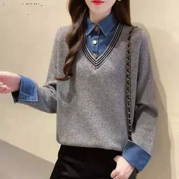 Женский свитер 2023, весенний новый свободный пуловер, вязаный свитер с длинным рукавом для женщин One Size хаки