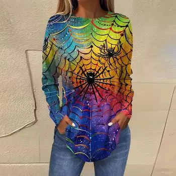 Женский свитер 2025 года с принтом ужасов на Хэллоуин, круглым вырезом, длинными рукавами, для вечеринок, на осень, с 3D-принтом и разноцветной паутиной S