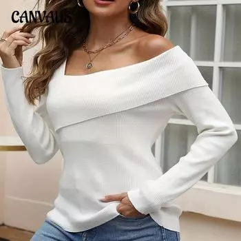 Женский свитер без бретелек весна осень длинный рукав вязаный легкий пуловер свитер топ S чёрный