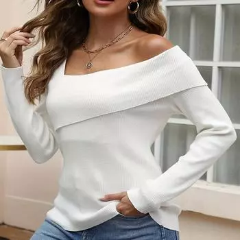 Женский свитер без бретелек весна осень длинный рукав вязаный легкий пуловер свитер топ S чёрный