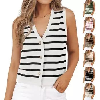 Женский свитер без рукавов на пуговицах на весну и осень в полоску L кофейный