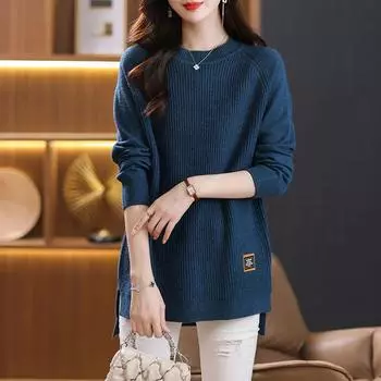 Женский свитер больших размеров, миди, круглый вырез, пуловер, трикотаж, свободный трикотажный топ, эластичный трикотажный джемпер S серо голубой