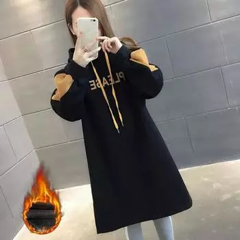 Женский свитер больших размеров на осень и зиму с капюшоном, мягкий и утолщенный свободный свитер средней длины, пуловер, удобный повседневный топ M чёрный