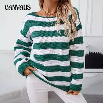 Женский свитер больших размеров на осень и зиму, свободный повседневный свитер с одним лацканом и длинным рукавом в полоску S хаки