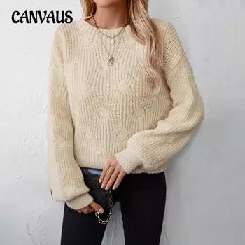 Женский свитер больших размеров, однотонный, осенне-зимний, круглый вырез, свободный свитер с цветочным узором S абрикосовый