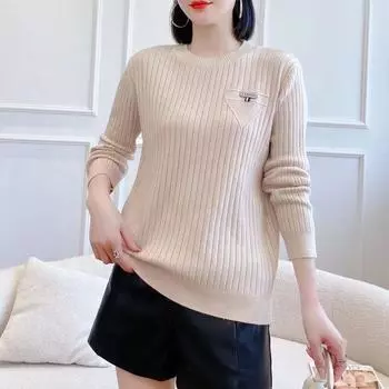 Женский свитер больших размеров, осенне-зимний, с круглым вырезом, свободный трикотажный свитер, термовязаный топ, однотонный эластичный джемпер S абрикосовый