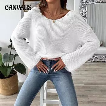 Женский свитер больших размеров с бисером, простой свободный свитер с одним вырезом без бретелек и расклешенными рукавами S розовый