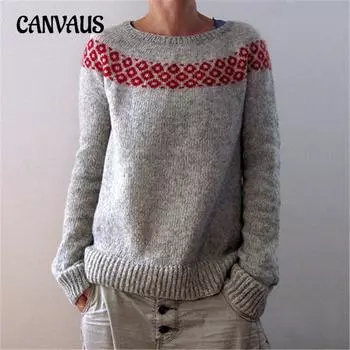 Женский свитер больших размеров с круглым вырезом, цветной блок, свободный модный вязаный свитер S