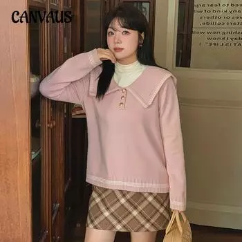 Женский свитер больших размеров в стиле колледжа с темно-синим воротником, осенне-зимний, сладкий трикотаж для омоложения XL чёрный