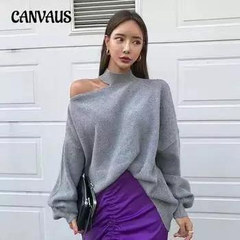 Женский свитер большого размера без бретелек с высоким воротом и свободной вязкой сверху One Size серый