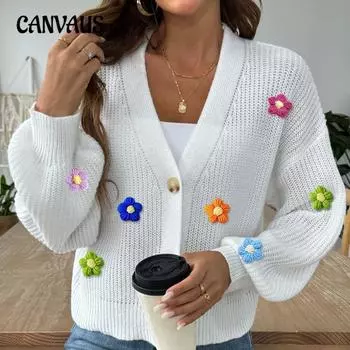 Женский свитер большого размера, кардиган, осень и зима, ручная вязка крючком, цветок, сращивание, короткая куртка на пуговицах, свитер, кардиган S белый