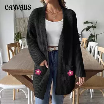 Женский свитер большого размера, кардиган, связанный вручную, декоративный кардиган, осенне-зимний повседневный свитер с двумя карманами S серый