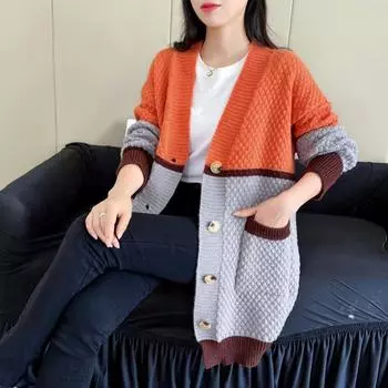 Женский свитер большого размера, куртка весна-осень, свободный вязаный кардиган с цветными блоками, свитер, контрастный трикотажный жакет с V-образным вырезом M небесно-голубой