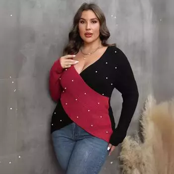 Женский свитер большого размера осень/зима в стиле пэчворк с глубоким V-образным вырезом и сексуальным перекрещивающимся бисером S синий