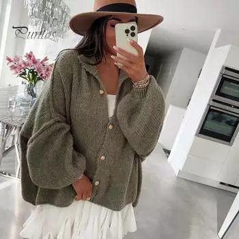 Женский свитер большого размера, пальто с круглым вырезом, фонарь, длинный рукав, однобортный, вязаный, верхняя одежда, повседневный, свободный трикотаж S зелёный