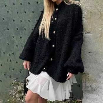 Женский свитер большого размера, пальто с круглым вырезом, фонарь, длинный рукав, однобортный, вязаная верхняя одежда S светло-серый