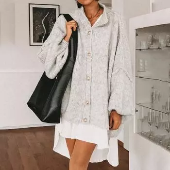 Женский свитер большого размера, пальто с круглым вырезом, фонарь, длинный рукав, однобортный, вязаный, верхняя одежда, повседневный, свободный трикотаж S зелёный