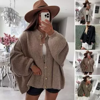 Женский свитер большого размера, пальто с круглым вырезом, фонарь, длинный рукав, однобортный, вязаный, верхняя одежда, повседневный, свободный трикотаж S светло-серый