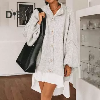 Женский свитер большого размера, пальто с круглым вырезом, фонарь, длинный рукав, однобортный, вязаный, верхняя одежда, повседневный, свободный трикотаж S абрикосовый