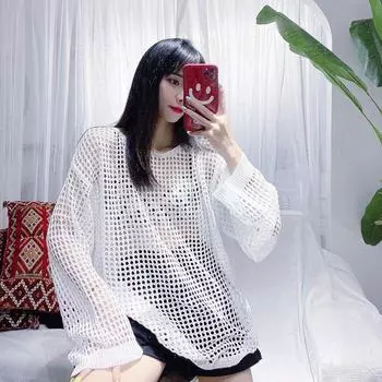 Женский свитер большого размера с ажурным узором, черный топ из сетчатой пряжи, женский свободный пуловер, вязание 6XL