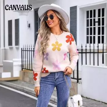 Женский свитер большого размера с цветочным принтом осень/зима S белый