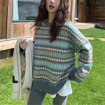 Женский свитер большого размера с круглым вырезом, синий пуловер, свитер, топ, ретро-джемпер в полоску, женский свободный внешний женский топ, свитер для женщин S синий