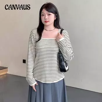 Женский свитер большого размера с квадратным вырезом и полосатым узором на осень с основой из свободного трикотажа XL чёрный