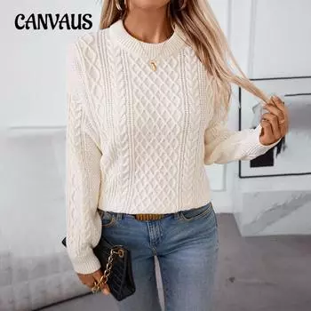 Женский свитер большого размера с переплетением, осенне-зимний свитер-пуловер, однотонный свитер с круглым вырезом S хаки
