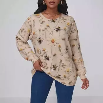 Женский свитер большого размера с принтом пчелы осень/зима — повседневный свободный европейский и американский стиль 0XL абрикосовый