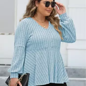 Женский свитер большого размера с рукавами-фонариками и V-образным вырезом на осень и зиму L чёрный