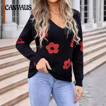 Женский свитер большого размера с V-образным вырезом и длинным рукавом, цветочный трикотаж S чёрный