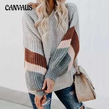 Женский свитер большого размера с V-образным вырезом и рукавами-фонариками, в полоску и цветными блоками, осень-зима S розовый