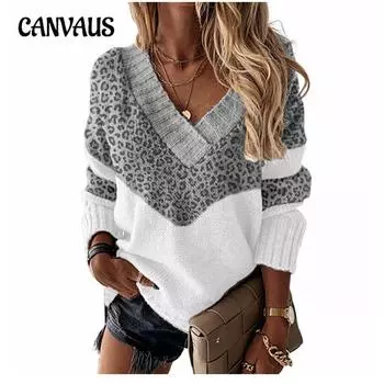 Женский свитер большого размера в полоску с цветными блоками, осенне-зимний леопардовый принт, пуловер с V-образным вырезом S розовый