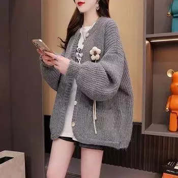 Женский свитер Design Sense, кардиган, женский осенне-зимний свободный вязаный свитер в стиле вестерн с длинными рукавами, пальто-кардиган One Size розовый