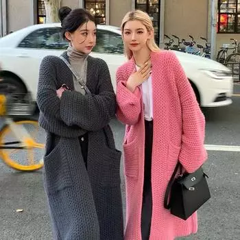 Женский свитер, длинное пальто, большие осенние и зимние вязаные свободные куртки, вязаный кардиган, топы с длинными рукавами, зимние S серый