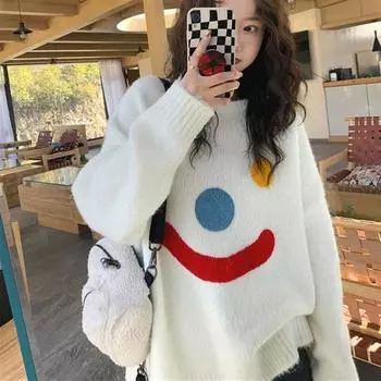 Женский свитер для лица 2022, зимний свободный пуловер с круглым вырезом и ленивым ветром, верхняя одежда, высококачественный толстый вязаный свитер, топ One Size чёрный