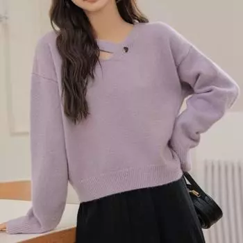 Женский свитер Harajuku Chic Hong Kong Style с V-образным вырезом и косыми пуговицами в форме сердца, осенний темпераментный трикотажный топ S белый