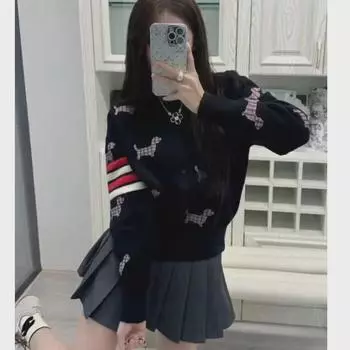 Женский свитер из арктического флиса: Повседневный свободный крой с рисунком щенка, круглая горловина, трикотаж для осени и зимы One Size темно-синий