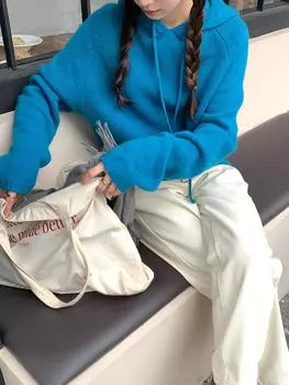 Женский свитер из чистой шерсти с капюшоном Lazy Wind 2024, простой вязаный свитер из чистой шерсти для женщин Puyuan One size (90~ 70kg)